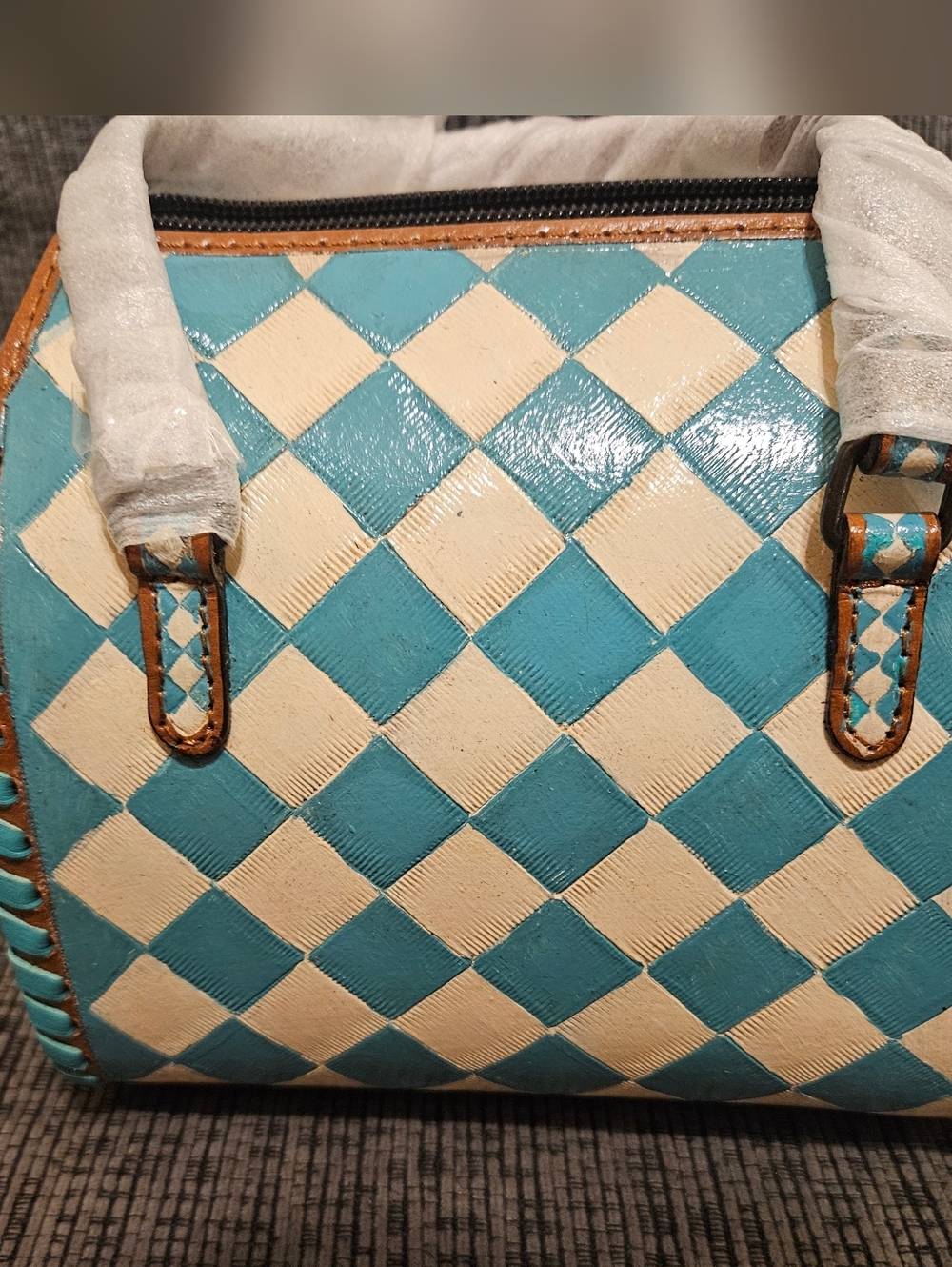 Turquoise and Cream Checkered Mini Speedy